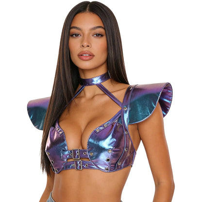 Womens Gothic Shiny Metallic Cut Out Crop Top Holographic Halter Neck Plunging Adjustable Buckles Corset Bustier Shoulder Armor