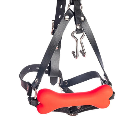 Leather Adjustable Harness with Nose Hook & Dog Bone Silicone Mouth Gag – Adult Sex Toy & Adult Game
