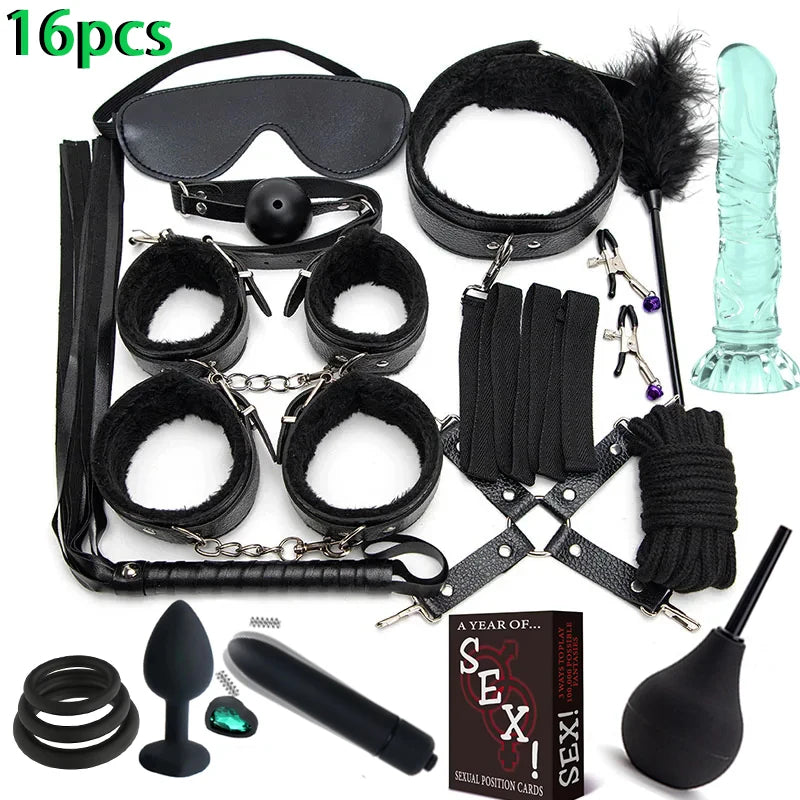 Erotic Sex Toys For Women Adults Games Nylon 16pcs Bondage BDSM Kits Handcuffs Sex Whip Mouth Gag Dildo Vibrator Anal Plug