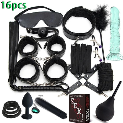 Erotic Sex Toys For Women Adults Games Nylon 16pcs Bondage BDSM Kits Handcuffs Sex Whip Mouth Gag Dildo Vibrator Anal Plug