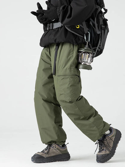 Thickened Warm Duck down Casual Pants Men's Winter Climbing Long Trousers Fashionable Loose Fit Straight Leg Multi Pocket