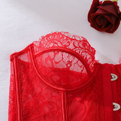 2025 Women's Eyelash Lace Perspective Low cut Fishbone Body Shaping and Slimming Sexy Underwear Two Piece Set