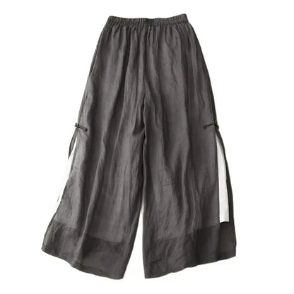 Gray Cotton Linen Casual Elastic High Waist With Lining Women's Pants Wide Leg Ankle-Length Pants For Women Clothing Fashion