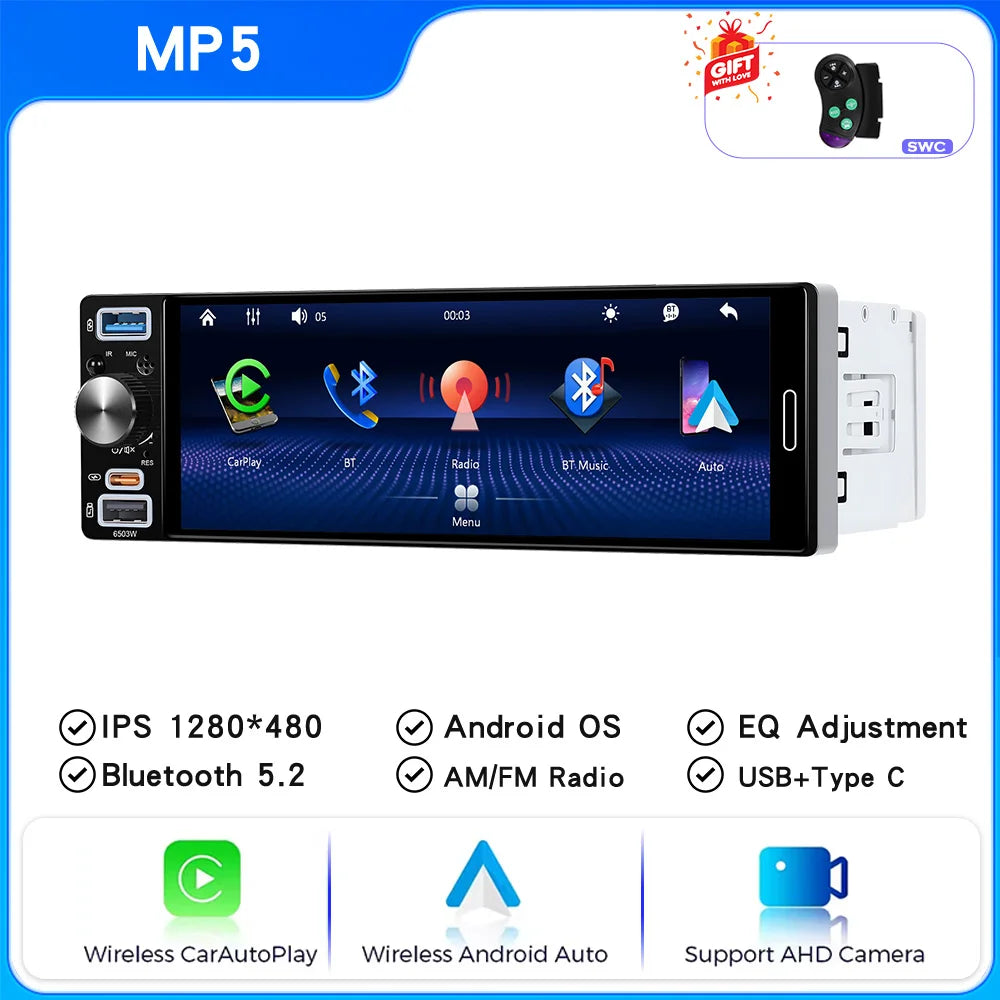 1 Din Car Radio Universal Wireless Carplay Android Auto Car Multimedia MP5 BT Car Stereo Type-C USB FM/AM IPS Touch Screen