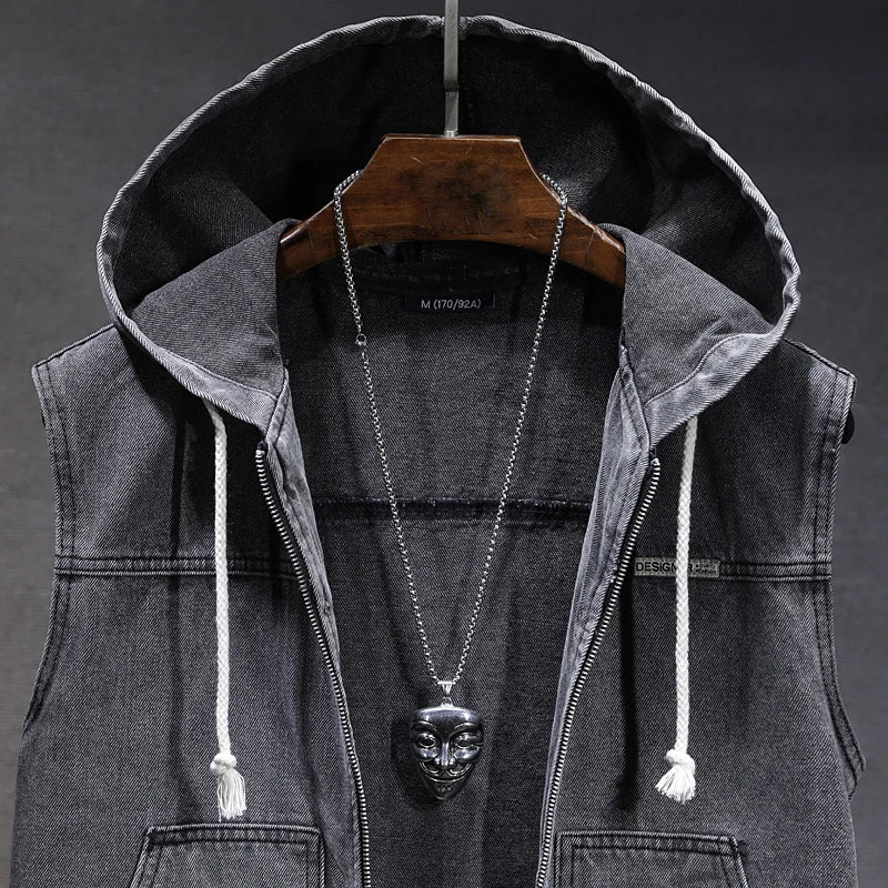 New Men's Loose Workwear Denim Vest with Hood Sleeveless Everyday Versatile Shoulder Pad Jacket Casual Unisex Outerwear