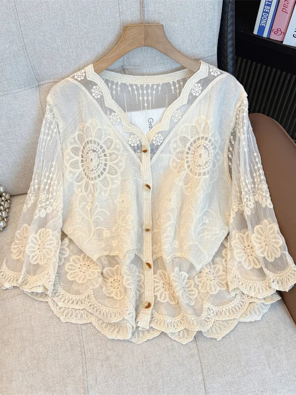Elegant Embroidered Lace Shirt Women's Spring Summer plus Size Hollow out Button up Top French Style Straight Cut Thin Fabric