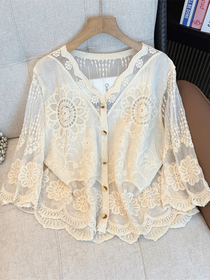 Elegant Embroidered Lace Shirt Women's Spring Summer plus Size Hollow out Button up Top French Style Straight Cut Thin Fabric