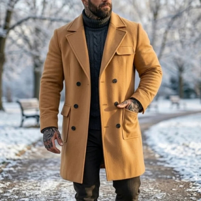 New Men's Wool Blend Trench Coat Warm & Windproof | Double-Breasted Design Mid-Length Streetwear Jacket for Casual  Outdoor Wear