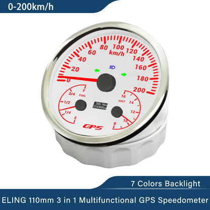 ELING 110mm 3 in 1 Multifunctional 120km/h 200MPH GPS Speedometer with Fuel Level Voltmeter 7 Colors Backlight for Car Universal