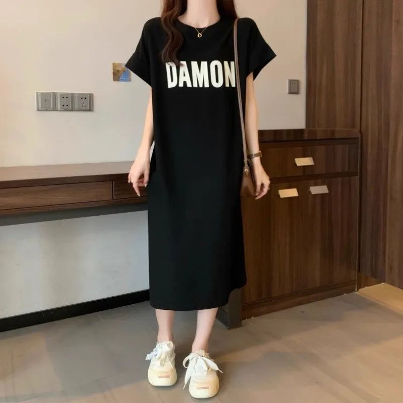 Women's Loose Letter Print T-Shirt Dress Summer Casual Short Sleeve Midi Dress Oversized Streetwear Female Long Dress