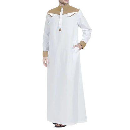 Spring Autumn Loose Muslim Standing Collar One-piece Patchwork Men's Long Robe Breathable And Skin Friendly Solid Color