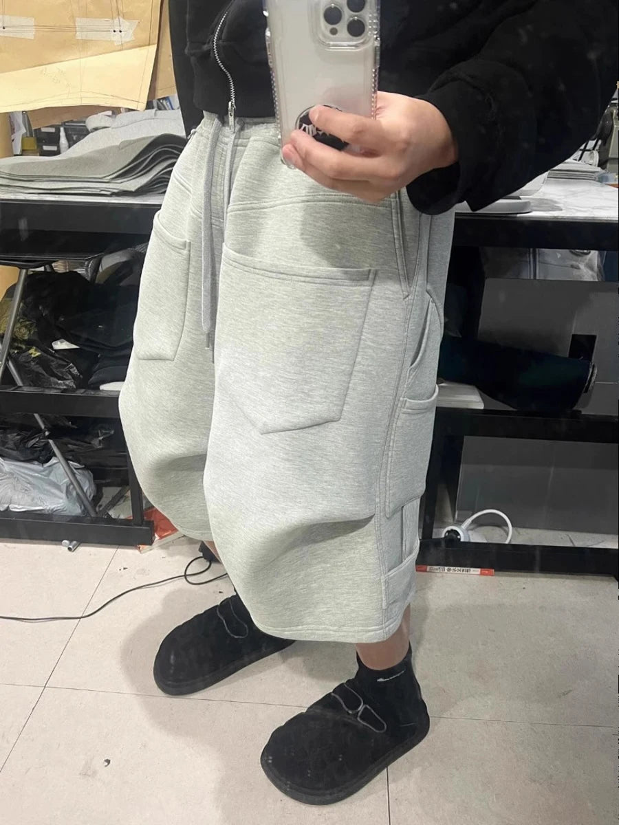 Mauroicardi Spring Summer Loose Casual Soft Shorts for Men Drawstring Elastic Waist Many Pockets Wide Leg Sweatpants Clothes