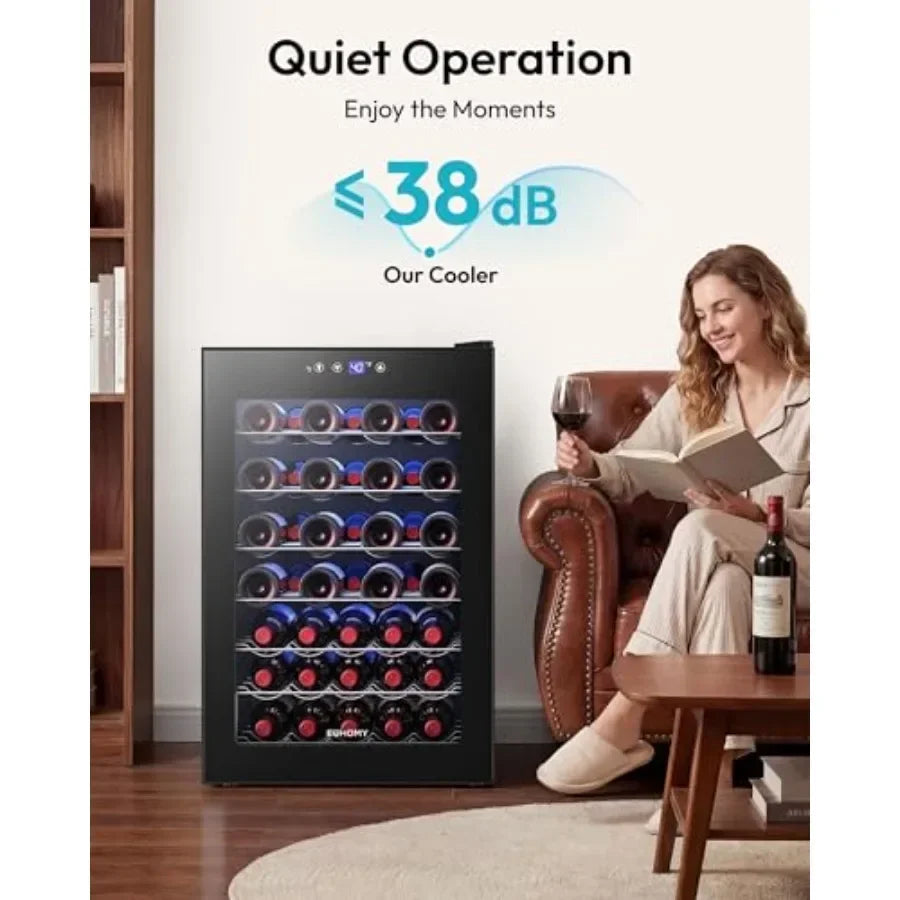 Wine cooler refrigerator for home kitchen bar use, stainless steel, black, 45-bottle capacity with glass door and adjustable te
