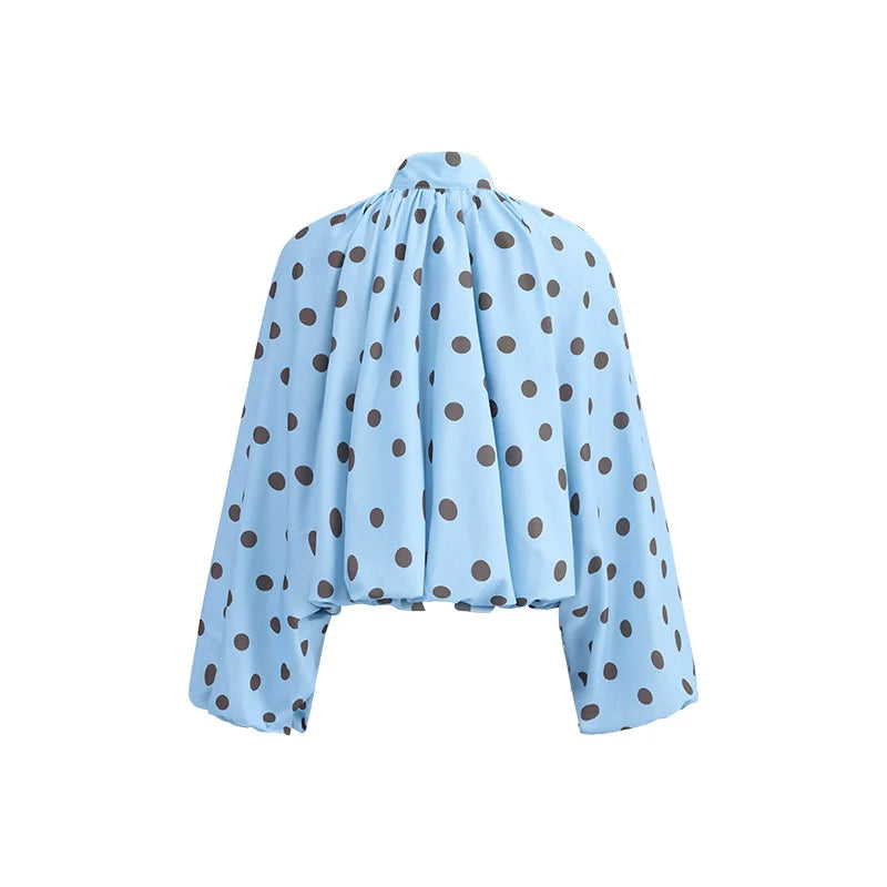 Elegant Retro Polka Dot Lace Up Shirt for Women Long Lantern Sleeve Backless Loose Blouse Top 2026 Lady Daily Casual Shirts