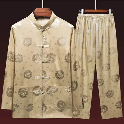 Men's Long Sleeve Ice Silk Tai Chi Suit Traditional Chinese Hanfu Vintage Style Tang Costume Elderly Fashion Dad's Clothing