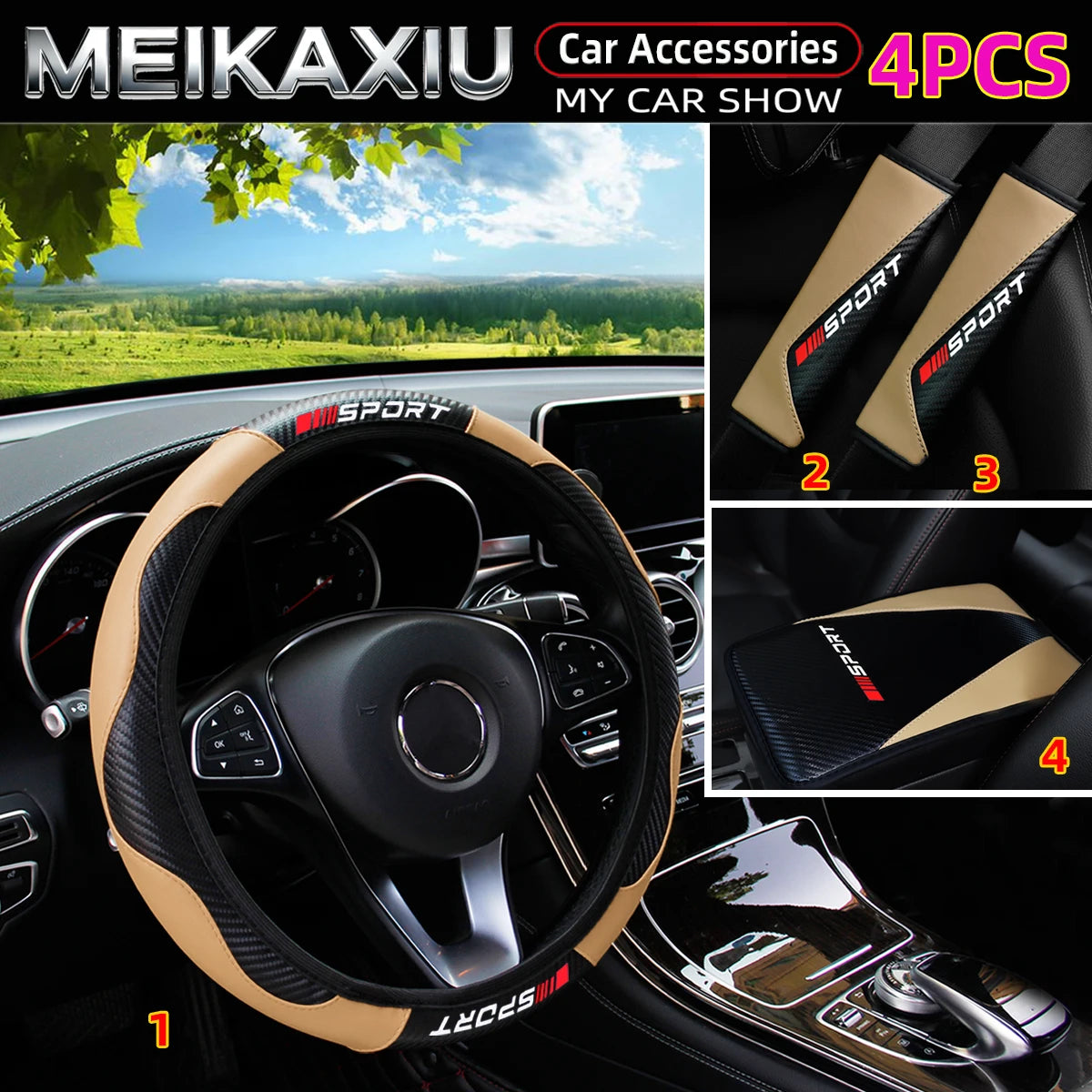 4PCS Carbon Fiber PU Leather Sport Car Steering Wheel Cover with Shoulder Guard And Armrest Pad Rimless Design for 37-38cm women