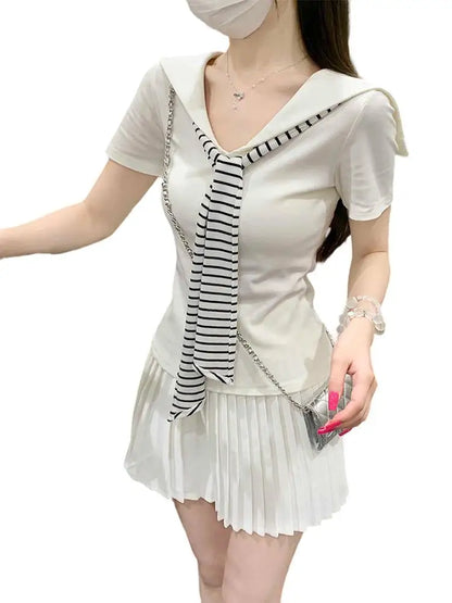 WASSUP Simple V-Neck Short Sleeve T-Shirt Women Summer Casual Slimming Navy Collar Top Korean Style Commute Fashion plus Size