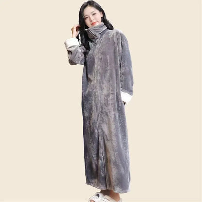 2025 New Flannel Zipper Nightgown Men Women Double-sided Thicken Flannel Pajamas Solid Color Couples One-piece Home Sleeprobe