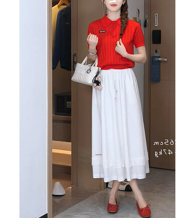 Red  Neck Knitted T-Shirt Women's Summer Style Short Sleeve White Color Loose Fit Casual Wear Polyester Blend Creative Pa...
