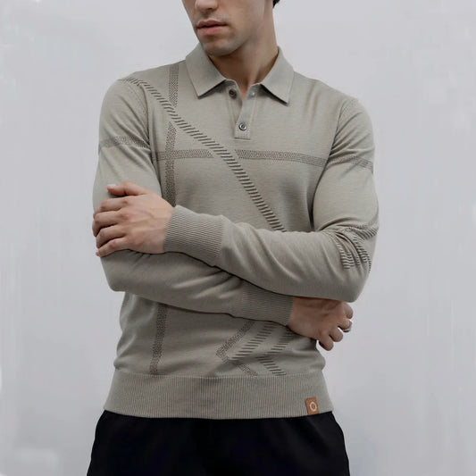 AIOPESON Men's Slim Fit Long Sleeve Polo Shirt Autumn Winter Thermal Comfort Fashion Stripe Solid Color Button up Polo Tops