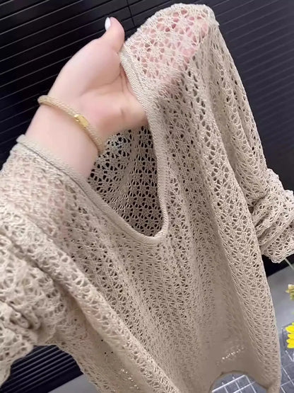 Korean Style Khaki Knitted Hollow out Long Sleeve Top Women's Spring Summer Thin Sun Protection Loose Fit round Neckline