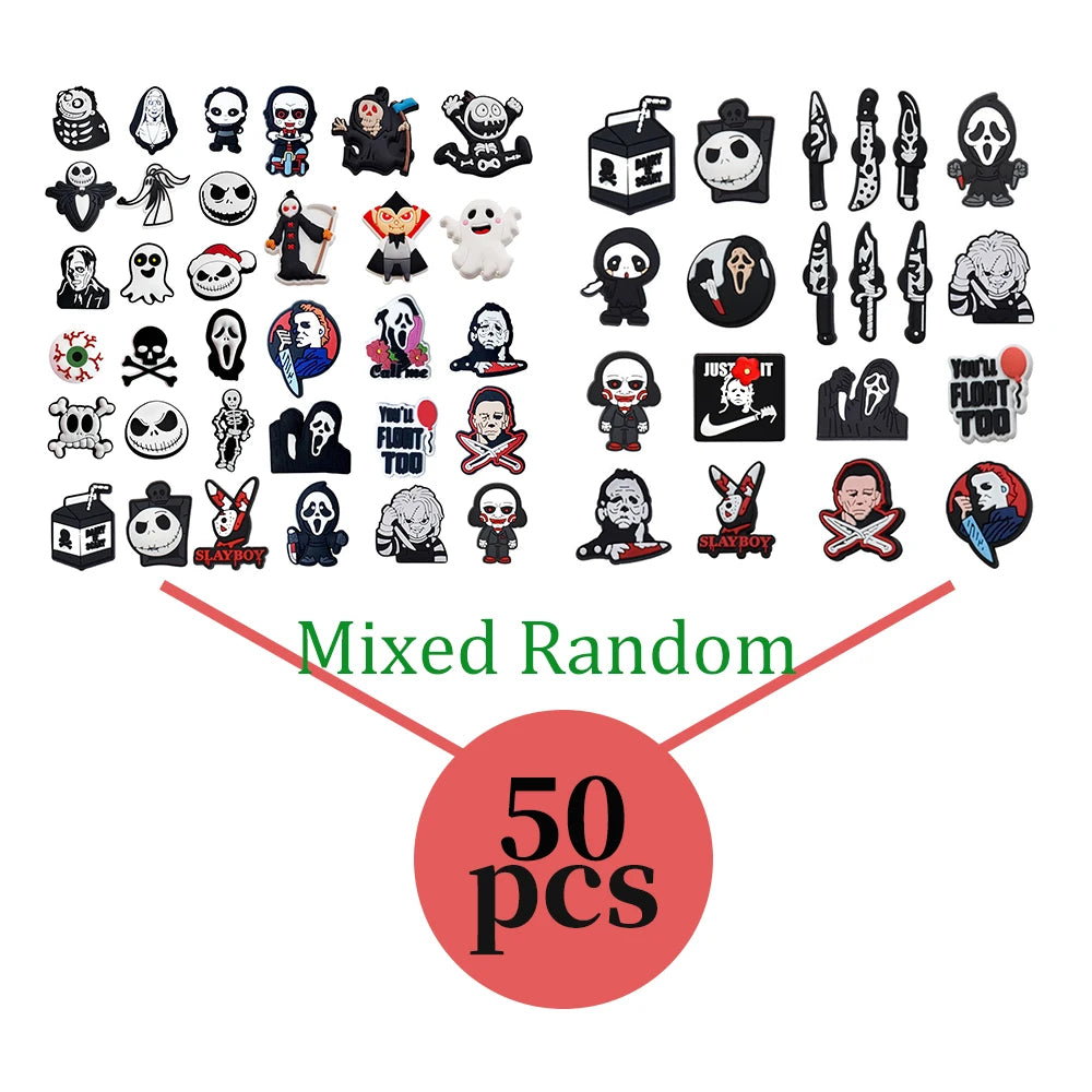 6-100pcs Halloween Black and White Classic PVC Shoes Charm Alligator Charm Accessories Fit Bracelet Boys Girl Xmas party gifts