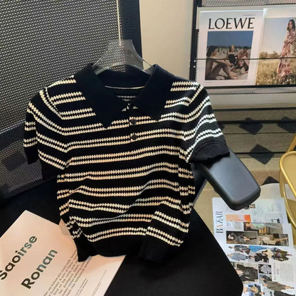 Summer New Polo Collar Fashion Short Sleeve Polo Shirts Women High Street Casual Striped Contrast Color Button Knitting Pullover