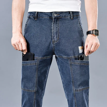 Design Jeans Men's Autumn New Multi-Pocket Fashion Stretch Straight Cotton Casual Denim Trousers Brand Clothing Male Blue Black