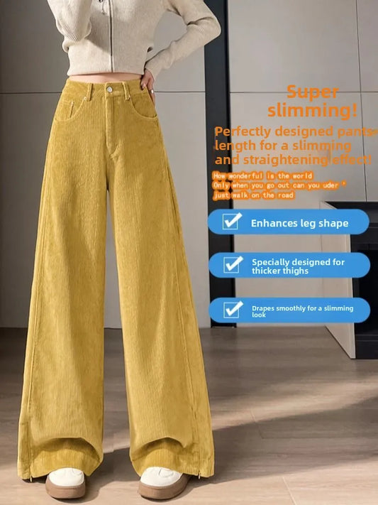 Outlet Vintage Corduroy Wide Leg Pants Women Loose Drape Thick Casual Floor-Length Trousers High Waist Pocket Autumn Winter