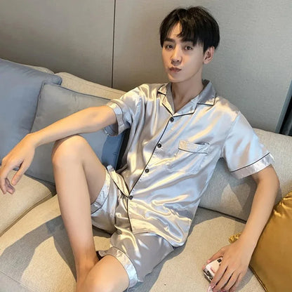 Solid Color Sleepwear Silk Satin Pajamas Couple Set Short-sleeved Pyjamas Suit Pijama Women Men Loungewear Plus Size Pj Set