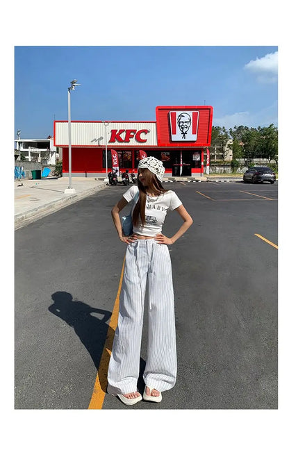 High-waist loose wide-leg pants, spring and summer new drawstring vertical striped versatile straight-leg casual pants for women