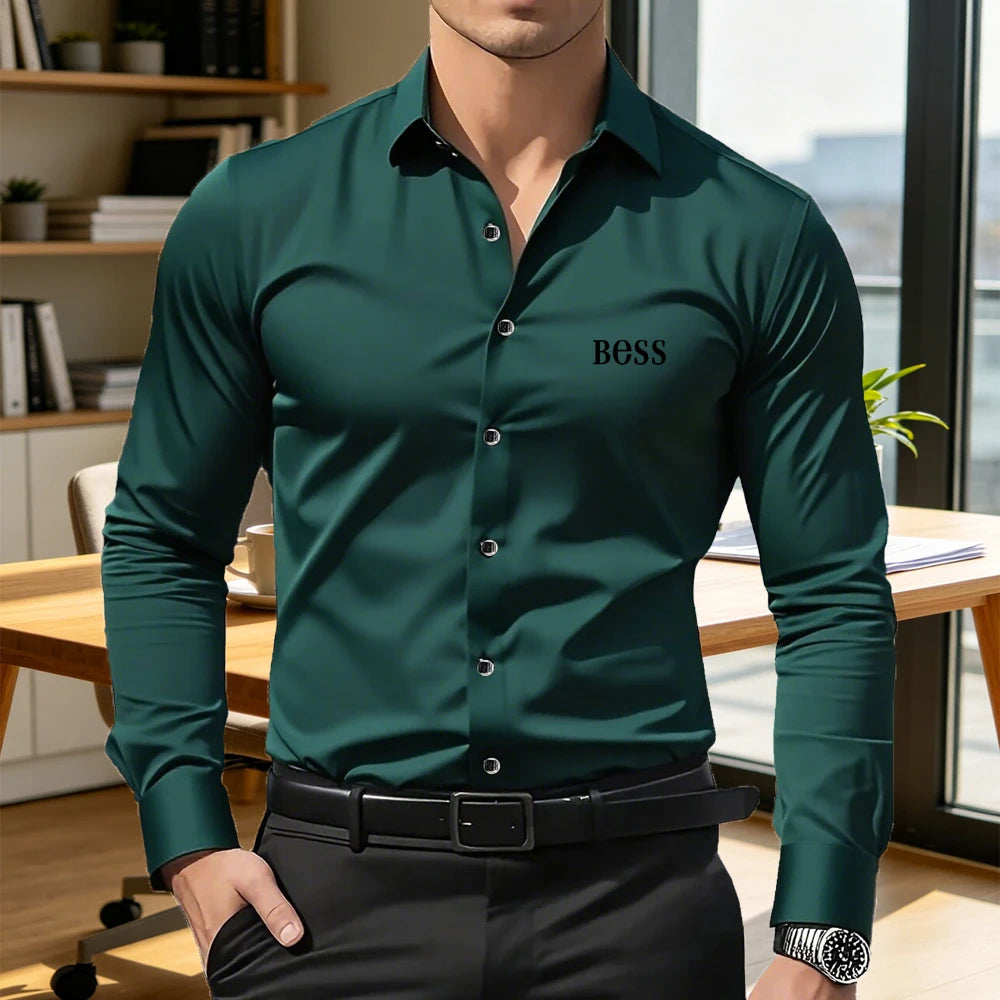 Men's Premium Business Casual Shirt MILANO Logo Print Slim Fit Long Sleeve Wrinkle Resistant Dress Shirt Multi Styles Available