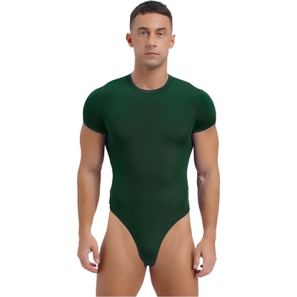 Mens Athletic Bodysuit Shirt Round Neck Short Sleeve High Cut Leotard Button Crotch Jumpsuit Rompers Bodybuilding Yoga Underwear