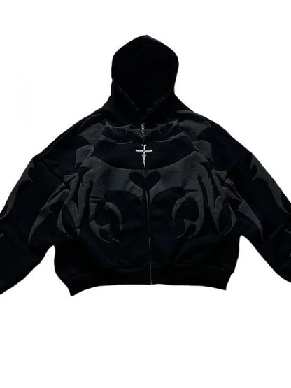 Loose Fit Street Style Zipper Hoodie Cardigan Women's Fashion Letter Print Bubble Sleeve Long Sleeve Winter Coat