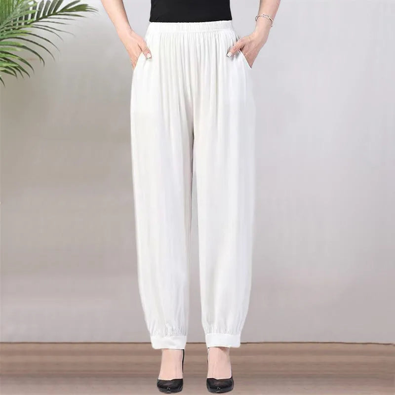 High Waist Lantern Pants Casual Cotton Silk Large Size Printed Long Trousers for Middle-Aged And Elderly Women