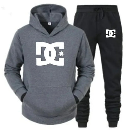 New Men's DC Print Autumn-Winter Zip-Up Hooded Sweatshirt + Leisure Pants Two-Piece Set Fitness Fashion Running Outfit