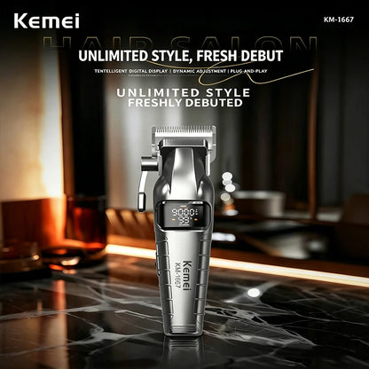 Kemei KM-1667 Trimmer Professional 10W 9000RPM Motor Rechargeable Hair Clippers DLC blades LED Display Trimmer Man