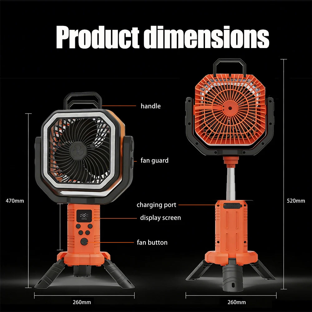 30000mAh Remote Control Camping Fan with Hook and 3 Brightness LED Lights – USB Charging Desk Fan for Outdoor Portable Fan