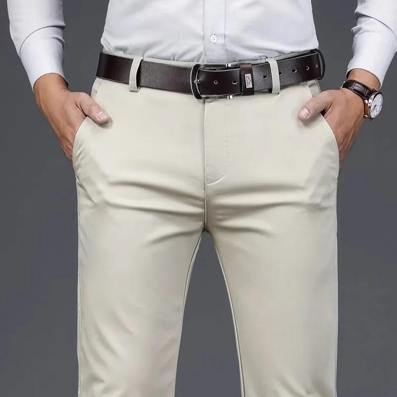 Spring Summer Casual Pants Khaki Black Straight Regular Fit High Waist Mens Pants Stretch Trousers for Male Size 40 42