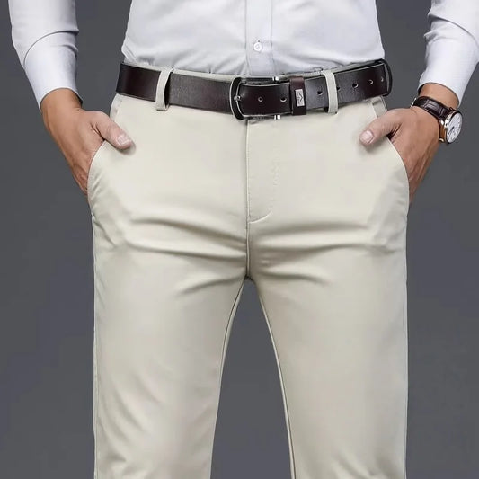 Spring Summer Casual Pants Khaki Black Straight Regular Fit High Waist Mens Pants Stretch Trousers for Male Size 40 42