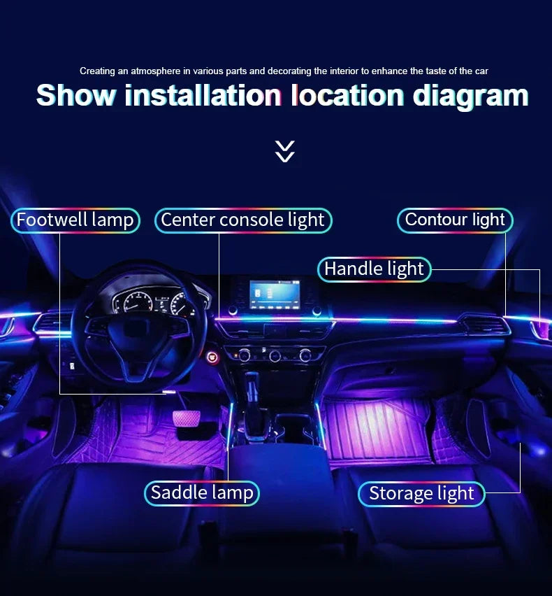 10/14/18/22 in 1 Dual Zone Hidden Acrylic RGB 64/213 Color Symphony Streamer Auto Interior Car Ambient Light Kit APP Control 12V