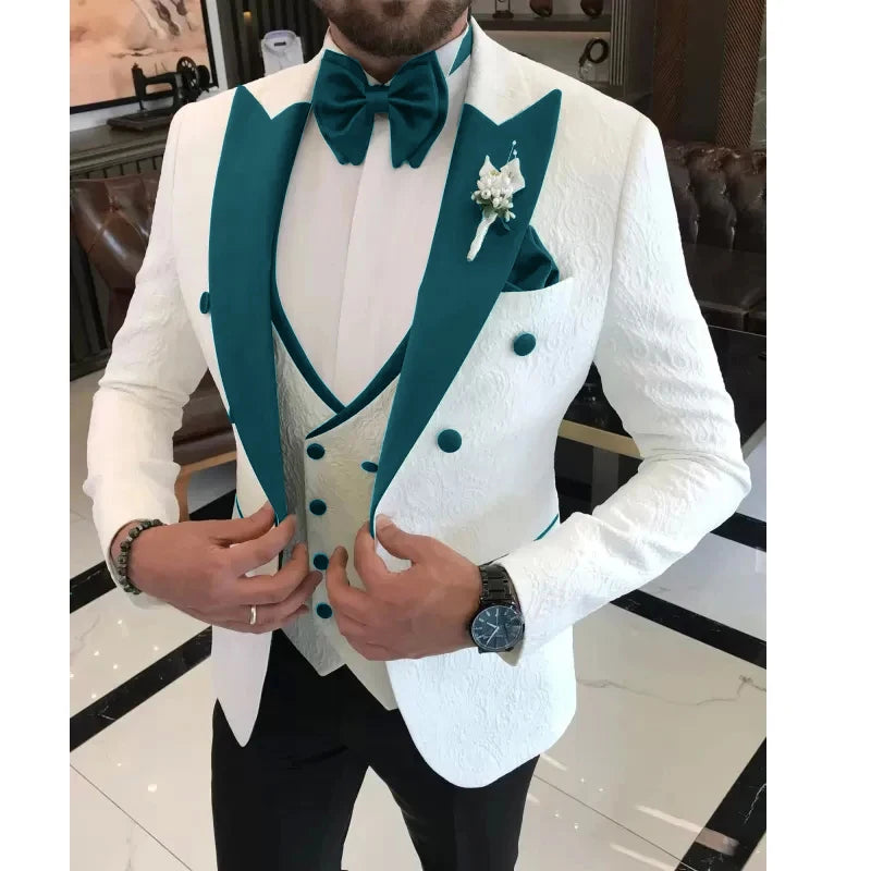 Floral Wedding Suits for Men Double Breasted Jacket with Vest Pants 3 Pieces Peak Lapel Groom Tuxedo Male Fashion Suit