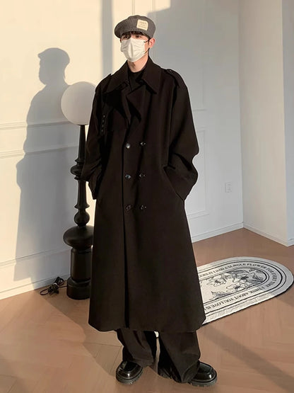 Mauroicardi Autumn Winter Long Oversized Windproof Black Warm Woolen Coat Men Sashes Double Breasted Wool Blends Overcoat 2023