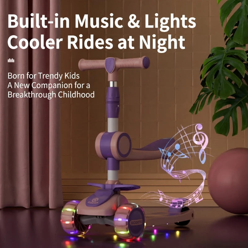 3 in 1 Adjustable 3-Wheel Kids Ride-On Scooter with Extra Wide Light-Up PU Wheels Kick Scooter with Music and Light for Children