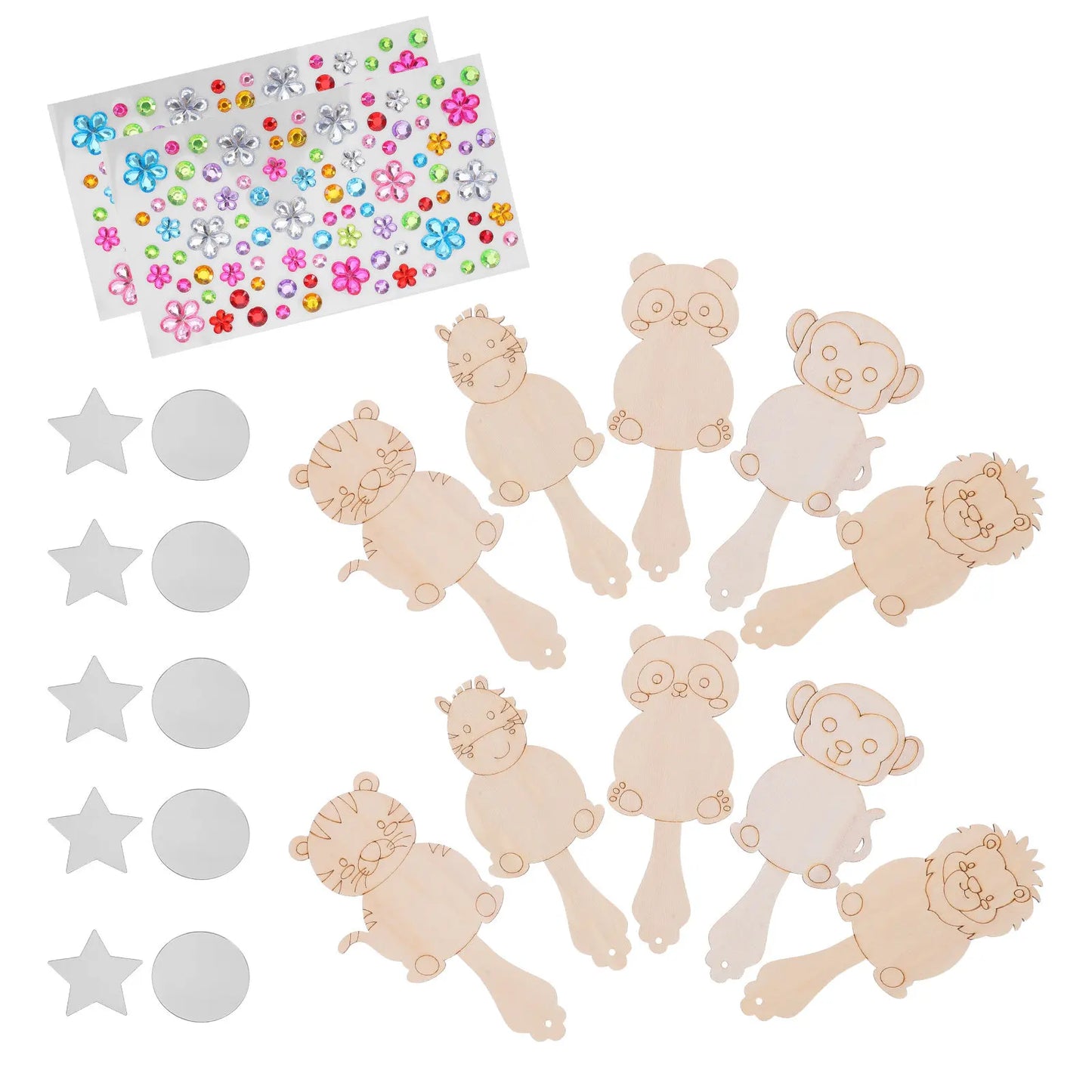 10Set Animal Mirror Craft Kit Wooden Handheld Paintable Blanks DIY Birthday Party Easter Activities Kids Classroom Art