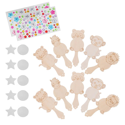 10Set Animal Mirror Craft Kit Wooden Handheld Paintable Blanks DIY Birthday Party Easter Activities Kids Classroom Art