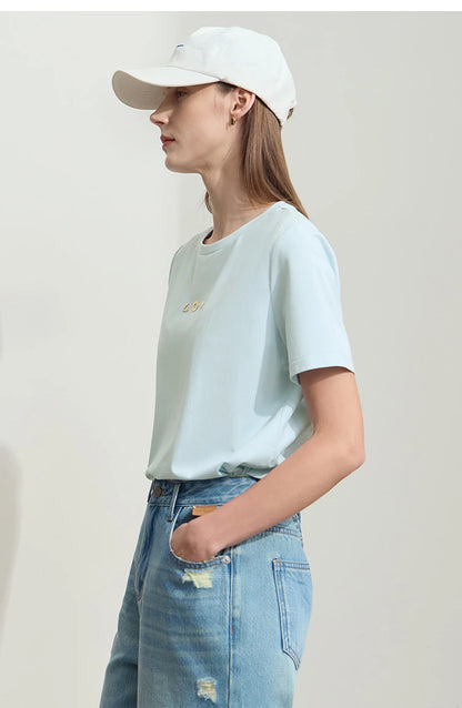 Amii Minimalist T-shirt Women's Tops O-neck Short Sleeves Geometric Decoration Antibacterial Cotton Elastic Casual Tees 12521088