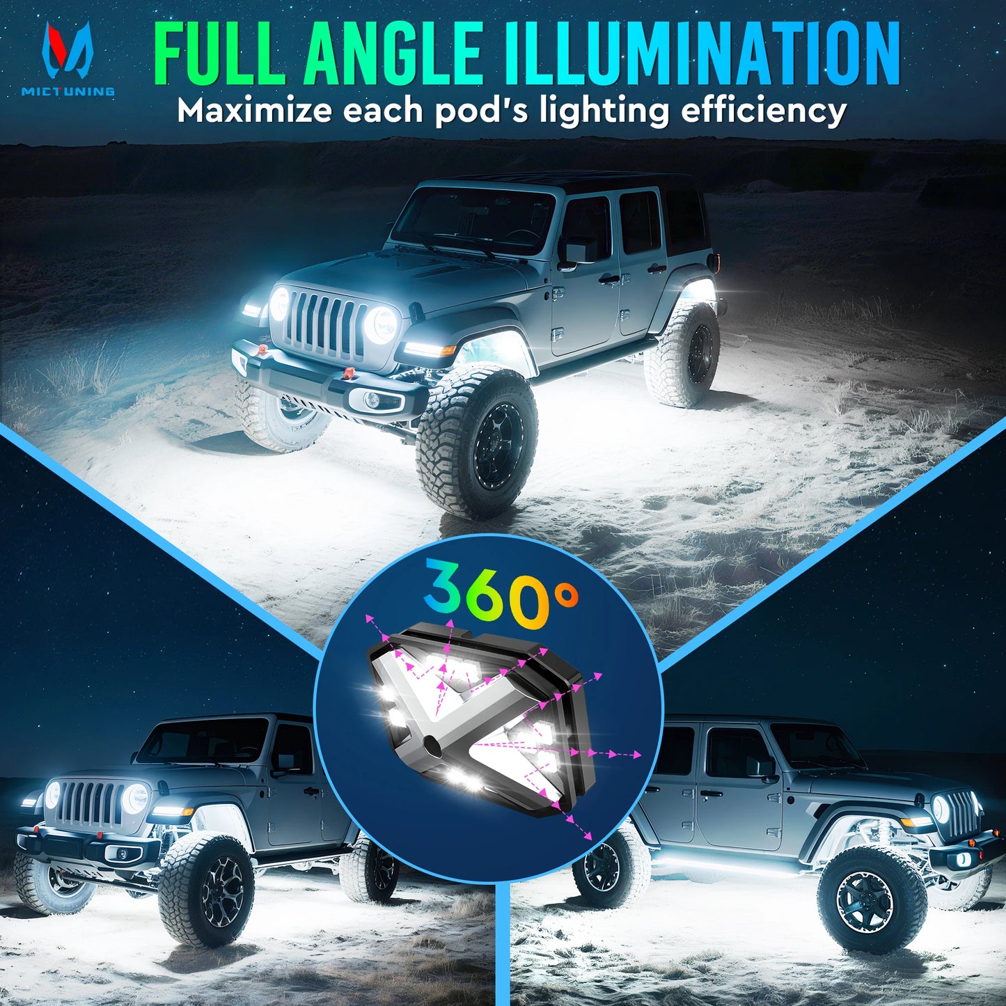 C4 RGBW LED Rock Lights,IP68 Waterproof 16 Pods 360° Ultra-Bright  4-Sided Wide Beam Angle Underglow Neon Accent Lighting Kit