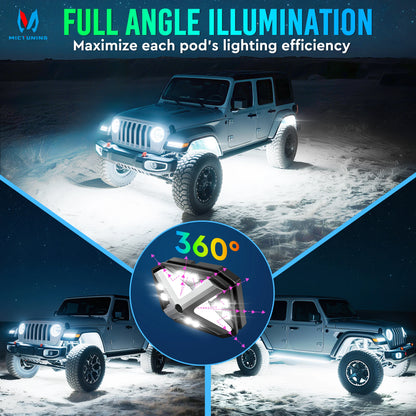 C4 RGBW LED Rock Lights,IP68 Waterproof 16 Pods 360° Ultra-Bright  4-Sided Wide Beam Angle Underglow Neon Accent Lighting Kit