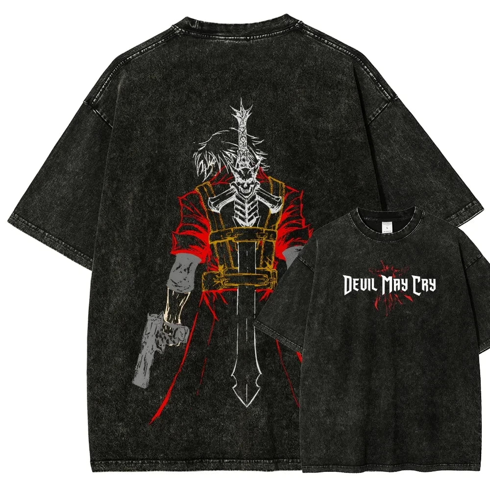Classic Retro Game Devil May Cry Hot Sale Peripherals Print T-shirt Men Women New Streetwear Style Tee Vintage Washed Cotton Top